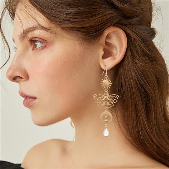 Moon Star Mushroom Earrings | Celestial Gold Dangle Earrings | Hypoallergenic - Picture 2 of 5